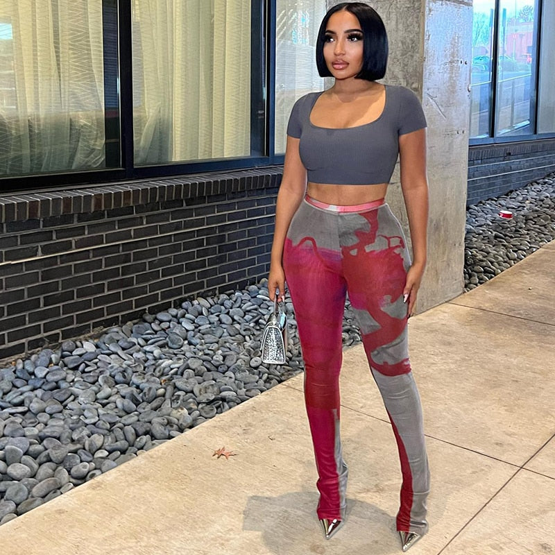 BUILDINGB Ink Splash Floral-Print Clashing Trousers Casual Buttock Lift Flared Pants